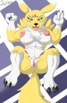  absurd_res anthro bandai_namco big_breasts breasts canid canine claws clitoris daison_the_fox digimon digimon_(species) female fluffy fluffy_tail fox fur genitals hi_res lying mammal nipples nude paws presenting pussy solo taomon tongue tongue_out yellow_body yellow_fur 