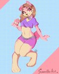  absurd_res anthro bottomwear brown_hair canid canine canis clothing collar crop_top cupcake domestic_dog female food hair heart_locket herding_dog hi_res hotpants looking_at_viewer mammal navel open_mouth pastoral_dog pink_eyes scarlett_maxwell shirt shorts signature simple_background smile solo topwear unknown_artist unknown_artist_signature welsh_corgi 