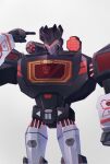  1boy armor black_armor cowboy_shot cropped_legs english_commentary evil evil_eyes expressionless highres hino_0190 male_focus mecha mercenary_(transformers) pause_button play_button red_eyes shoulder_cannon soundblaster symbol transformers transformers_cyberverse white_background 