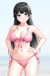  1girl :3 bikini black_eyes black_hair braid breasts cleavage commission contrapposto crown_braid hair_ornament hairclip highres large_breasts long_hair looking_at_viewer mole mole_under_eye nijisanji pink_bikini side-tie_bikini simple_background solo standing swimsuit tsukino_mito virtual_youtuber white_background yonsi 