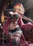  1girl bangs black_shorts blonde_hair blurry blurry_background breasts bustier cleavage executive_red_hood_arabelle guardian_tales hair_over_one_eye highres indoors large_breasts looking_at_viewer mechanical_arms midriff open_mouth pointy_ears pose red_eyes short_hair shorts sign smug standing toastania torn_clothes 