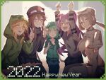  5girls absurdres at2. belt black_gloves black_jacket blonde_hair breasts brown_hair collarbone creeparka creeper cupa_(at2.) elbow_gloves enderman fangs flat_chest gloves green_hair green_hoodie grey_eyes grey_hair happy_new_year highres hood hoodie jacket long_hair medium_breasts minecraft miniskirt multiple_girls navel new_year personification purple_eyes purple_hair shorts skeleton_(minecraft) skirt spider_(minecraft) thighhighs underboob v waving yaebi_(at2.) yellow_eyes zombie_(minecraft) 