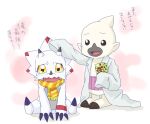  ambiguous_gender anthro bandai_namco beak black_claws bodily_fluids bokomon claws clothing coat crying digimon digimon_(species) digimon_ghost_game duo gammamon hamu_ym haramaki horn japanese_text lab_coat scarf simple_background tears text topwear white_body yellow_eyes 