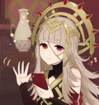  1girl bangs bare_shoulders blunt_bangs closed_mouth crown eyebrows_visible_through_hair fire_emblem fire_emblem_heroes grey_hair hair_ornament haru_(nakajou-28) highres holding holding_phone looking_at_viewer phone red_eyes solo upper_body vase veronica_(fire_emblem) waving 