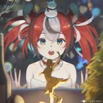 1girl :o bangs black_hair blurry bokeh bottle choker chromatic_aberration depth_of_field dolphenry glowing hakos_baelz hololive hololive_english multicolored_hair open_hands red_choker red_hair statue statuette streaked_hair tree virtual_youtuber white_hair window wine_bottle 