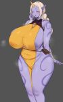  areola big_areola big_breasts blush bodily_fluids breasts camel_toe cham22 clothed clothed_female clothing curvaceous curvy_figure ear_piercing ear_ring eyes_closed female hair hi_res horn horned_humanoid huge_breasts humanoid humanoid_pointy_ears league_of_legends nipples no_underwear open_mouth piercing purple_areola purple_body purple_skin riot_games solo soraka standing steam sweat sweatdrop tattoo thick_thighs tongue video_games voluptuous white_hair wide_hips 