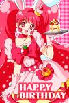  1girl :d animal_ears breasts cake choker collarbone commentary cure_whip dress english_text extra_ears eyebrows_visible_through_hair food frilled_dress frills gloves hair_ornament happy_birthday highres holding holding_plate kirakira_precure_a_la_mode magical_girl nagaigoz open_mouth pink_gloves plate precure puffy_short_sleeves puffy_sleeves rabbit_ears red_choker red_eyes red_hair short_sleeves smile solo strawberry_shortcake twintails usami_ichika 