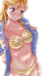  1girl bangs bikini blush breasts collarbone embarrassed eyebrows_visible_through_hair gonta_(gshoutai) highres jacket long_hair looking_away love_live! love_live!_superstar!! navel open_clothes open_jacket orange_hair purple_eyes shibuya_kanon striped striped_bikini swimsuit 