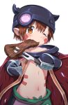  1boy aqualitas cape child commentary_request cyborg dark-skinned_male dark_skin eating food fork helmet highres joints looking_at_viewer made_in_abyss male_focus midriff navel one_eye_closed regu_(made_in_abyss) steak stomach tattoo 