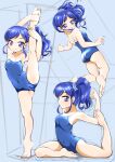  1girl aikatsu!_(series) barefoot blue_eyes blue_hair blue_swimsuit collarbone competition_school_swimsuit kiriya_aoi kuon_mochiaki long_hair multiple_views post school_swimsuit side_ponytail split standing standing_on_one_leg standing_split swimsuit 