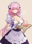  1girl =3 absurdres apron bangs beige_background blue_eyes breasts cake cake_slice cleavage closed_mouth elysia_(honkai_impact) food fork gloves highres holding holding_tray honkai_(series) honkai_impact_3rd large_breasts long_hair looking_at_viewer maid maid_apron maid_headdress pink_hair pointy_ears simple_background solo teapot tray tutou_jiang white_gloves 