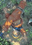  1boy between_fingers blonde_hair blue_eyes child clenched_teeth commentary_request dappled_sunlight facial_mark from_above headpiece highres holding holding_weapon kunai leaf looking_at_viewer looking_up male_focus midriff morning motion_blur naruto naruto_(series) orange_pants outdoors pants sandals shigeru_(shounen_zoom) short_hair smile solo spinning split spread_legs stomach_tattoo sunlight tattoo teeth tree twisted_torso upside-down uzumaki_naruto v-shaped_eyebrows weapon whisker_markings 