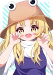  1girl :d blonde_hair blush claw_pose diagonal_stripes g4ku hat heart heart-shaped_pupils highres long_hair looking_at_viewer moriya_suwako simple_background smile solo striped symbol-shaped_pupils touhou turtleneck upper_body vest white_background wide_sleeves yellow_eyes 