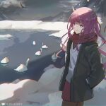 1girl bangs bird chromatic_aberration cloud cloudy_sky coat dolphenry hawk heterochromia hololive hololive_english horns irys_(hololive) jacket looking_at_viewer mountain pink_hair pond scarf sky smile snow swan sweater v-neck virtual_youtuber 