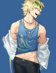  1boy animal_ears arknights black_male_swimwear blonde_hair blue_eyes blue_tank_top bulge dog_boy dog_ears ear_piercing erection erection_under_clothes eyewear_on_head green-tinted_eyewear highres jacket jewelry looking_at_viewer magicxbai male_focus male_swimwear necklace off_shoulder open_clothes open_jacket open_mouth piercing short_hair smile solo sunglasses tank_top taut_clothes tequila_(arknights) tinted_eyewear toned toned_male white_jacket 