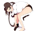  1girl :d barefoot bent_over black_buruma black_legwear blue_eyes breasts brown_hair buruma commentary double_bun gym_uniform hanging_breasts large_breasts long_hair looking_at_viewer looking_to_the_side open_mouth pokemon pokemon_(game) pokemon_bw2 reaching_out removing_sock rosa_(pokemon) shirt short_sleeves single_sock sitting smile socks solo tottotonero twintails undressing white_background white_shirt 