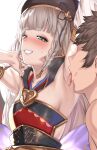 1boy 1girl aldehyde arm_up armpit_focus armpits bangs bare_shoulders beret black_headwear blunt_bangs blush braid breasts brown_hair commentary_request detached_sleeves erune eyebrows_visible_through_hair eyeliner gran_(granblue_fantasy) granblue_fantasy green_eyes grey_hair grin hand_up hat hetero heterochromia highres licking licking_armpit long_hair looking_at_viewer makeup multiple_braids open_mouth pholia quad_braids short_eyebrows side_braids small_breasts smile solo_focus thick_eyebrows tongue tongue_out upper_body 