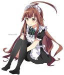  1girl ahoge alternate_costume apron black_legwear blush brown_eyes brown_hair closed_mouth enmaided eyebrows_visible_through_hair full_body highres huge_ahoge kantai_collection kukimaru kuma_(kancolle) long_hair maid maid_apron maid_headdress one-hour_drawing_challenge pantyhose short_sleeves simple_background smile solo twitter_username white_apron white_background 