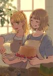  2girls apron baking blonde_hair blue_shirt brown_hair cake closed_eyes dungeon_meshi elf falin_thorden food green_eyes highres jack_(haist) kitchen long_hair looking_at_another marcille multiple_girls pointy_ears ponytail shirt short_hair striped striped_shirt sunlight tongue tongue_out window 