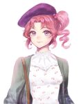  1girl cherry_print earrings food_print genderswap genderswap_(mtf) green_jacket hat jacket jewelry jojo_no_kimyou_na_bouken kakyoin_noriaki kankito pink_hair purple_eyes red_hair scrunchie side_ponytail smile solo stardust_crusaders 