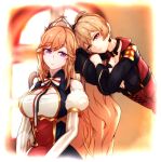  2girls azur_lane black_sleeves blurry blurry_background breasts cleavage cleavage_cutout clothing_cutout crown detached_sleeves dress earrings eyebrows_visible_through_hair fleur_de_lis french_flag gold_trim highres jacket jean_bart_(azur_lane) jewelry juliet_sleeves large_breasts light_brown_hair long_hair long_sleeves looking_at_viewer medium_breasts multiple_girls orange_hair pink_eyes puffy_sleeves purple_dress red_dress red_eyes red_jacket richelieu_(azur_lane) sitting standing striped_sleeves two-tone_dress ushimisuji very_long_hair 