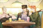  3boys cafe earrings eating food french_fries gakuran green_eyes grey_hair hat jean_pierre_polnareff jewelry jojo_no_kimyou_na_bouken kakyoin_noriaki kankito kujo_jotaro laughing male_focus milkshake multiple_boys red_hair sandwich school_uniform sitting soda stardust_crusaders 