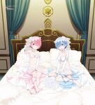  2girls barefoot bead_bracelet beads bed bedroom blue_eyes blue_hair bra bracelet bridal_gauntlets bridal_veil choker copyright_name curtains dress flower frills full_body hair_flower hair_ornament hair_over_one_eye jewelry logo looking_at_viewer midriff multiple_girls navel official_art pillow pink_eyes pink_hair ram_(re:zero) re:zero_kara_hajimeru_isekai_seikatsu rem_(re:zero) short_hair sitting smile thigh_strap toes underwear veil wedding_dress white_bra 