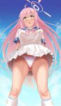  1girl ahoge arms_behind_back ass_visible_through_thighs bangs blue_archive blue_sky blush braid breasts green_eyes halo hanako_(blue_archive) highres large_breasts long_hair looking_at_viewer nishi_(count2.4) open_mouth panties pink_hair sky solo thighs underwear white_panties 