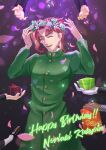  1boy animal_hands chewing_gum earrings fuyuo_(k807120) gakuran gift happy_birthday head_wreath hierophant_green highres iggy_(jojo) jean_pierre_polnareff jewelry jojo_no_kimyou_na_bouken kakyoin_noriaki kujo_jotaro mohammed_avdol out_of_frame outstretched_hand petals red_hair school_uniform solo_focus stardust_crusaders 