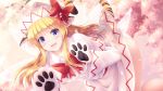  1girl :d animal_ears animal_hands blonde_hair blue_eyes bow bowtie capelet commentary_request eyebrows_visible_through_hair gloves hat hat_bow highres lily_white long_hair long_sleeves looking_at_viewer lzh open_mouth panties paw_gloves red_bow red_bowtie smile solo tail tiger_ears tiger_tail touhou underwear white_capelet white_headwear white_panties wide_sleeves 