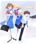  1boy 2girls @_@ bishoujo_senshi_sailor_moon blonde_hair blue_skirt bow brown_hair closed_eyes falling friends green_bow highres multiple_girls namisonpictures oosaka_naru open_mouth pants red_bow school_uniform skirt tsukino_usagi umino_gurio 