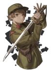  1boy absurdres bangs belt brown_gloves brown_hair flat_cap gloves green_eyes green_headwear green_jacket hands_up hat high_collar highres holding holding_sword holding_weapon holster imperial_japanese_army jacket katana looking_at_viewer male_focus military military_hat military_uniform original parted_lips sam_browne_belt short_hair signature simple_background soldier solo sword tsukino_miyako uniform upper_body weapon 