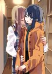  2girls adachi_sakura adachi_to_shimamura bag blue_eyes blue_hair blush ceiling_light closed_eyes coat commentary couple door dress embarrassed hallway handbag highres holding holding_bag indoors kiss kissing_neck lamb_(hitsujiniku) light_brown_hair long_coat long_hair long_sleeves multiple_girls open_mouth plaid plaid_dress shimamura shimamura_hougetsu shirt shoulder_grab sweatdrop torso_grab upper_body wavy_mouth white_shirt yellow_coat yuri 