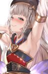  1girl aldehyde arm_up armpit_focus armpits bangs bare_shoulders beret black_headwear blunt_bangs blush braid breasts closed_mouth commentary_request detached_sleeves erune eyebrows_visible_through_hair eyeliner granblue_fantasy green_eyes grey_hair hand_up hat heterochromia highres long_hair looking_at_viewer makeup multiple_braids pholia quad_braids short_eyebrows side_braids small_breasts smile solo thick_eyebrows upper_body 