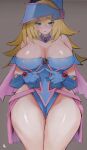  1girl absurdres bare_shoulders blonde_hair blue_dress blue_gloves breasts cleavage curvy dark_magician_girl detached_sleeves dress elbow_gloves fingers_together gloves green_eyes hat highres kataku_musou large_breasts looking_at_viewer magician plump solo thick_thighs thighs wizard wizard_hat yu-gi-oh! 