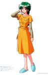  1990s_(style) 1girl asou_kasumi blue_footwear breast_pocket brown_eyes copyright_name dress eyebrows_visible_through_hair full_body green_hair hand_to_head highres kokura_masashi long_hair long_sleeves official_art open_mouth orange_dress page_number pocket retro_artstyle simple_background slippers solo standing striped striped_dress tokimeki_memorial tokimeki_memorial_2 vertical-striped_dress vertical_stripes white_background 