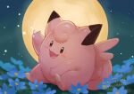  :d blue_flower blush_stickers clefairy commentary_request fang flower happy highres kikuyoshi_(tracco) moon night no_humans open_mouth outdoors pokemon pokemon_(creature) signature sitting sky smile solo tongue 