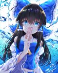  1girl alternate_color ascot bangs bare_shoulders black_hair blue_background blue_bow blue_eyes blue_shirt blue_skirt bow breasts collar collared_shirt covered_mouth detached_sleeves eyebrows_visible_through_hair frills hair_between_eyes hair_ornament hair_tubes hakurei_reimu hand_up highres long_hair long_sleeves looking_at_viewer medium_breasts ofuda player_2 rankasei shirt skirt solo touhou water white_background wide_sleeves yellow_ascot 