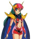  1990s_(style) 1girl aqua_hair armor blue_eyes cape cowboy_shot genji_tsuushin_agedama kuki_rei long_hair looking_at_viewer miniskirt navel o-ring official_art pauldrons red_skirt retro_artstyle scan shoulder_armor simple_background skirt smile solo tsuji_hatsuki vambraces visor white_background 