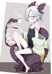  1girl bangs barefoot black_camisole black_shorts blush brown_eyes camisole closed_mouth collarbone cup eyebrows_behind_hair full_body glasses grey_hair highres holding holding_cup holding_pen looking_at_viewer low_ponytail mug ogami_kazuki original parted_bangs pen ponytail short_shorts shorts solo steam strap_slip suction_cups tentacles thick_eyebrows 