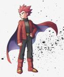  1boy aya_(ryou0327) belt belt_buckle black_eyes black_pants black_shirt boots buckle cape closed_mouth commentary_request floating_cape full_body hand_on_hip jacket lance_(pokemon) male_focus open_clothes open_jacket pants pokemon pokemon_(game) pokemon_rgby red_cape red_footwear red_hair red_jacket shirt short_hair smile spiked_hair standing white_background 
