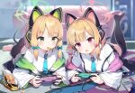  2girls :o aqua_bow aqua_necktie bangs barefoot black_legwear blonde_hair blue_archive blurry blurry_background blush bow breasts cat_ear_headphones cat_tail cellphone commentary controller couch eating eyebrows_visible_through_hair food green_eyes hair_bow halo headphones highres holding holding_controller jacket jehyun long_sleeves looking_at_viewer lying medium_breasts medium_hair midori_(blue_archive) momoi_(blue_archive) multiple_girls necktie no_shoes on_stomach open_mouth panties phone pink_bow playing_games pleated_skirt red_eyes school_uniform shirt shorts siblings skirt small_breasts smartphone sweatdrop tail thighhighs twins underwear white_shirt 