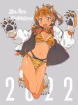  1girl absurdres animal_ears animal_hands animal_print bikini breasts brown_eyes brown_hair claws commentary_request dark-skinned_female dark_skin gloves grey_background highres jacket kusakabe_(kusakabeworks) long_hair medium_breasts open_clothes open_jacket open_mouth original paw_gloves paw_shoes ponytail side-tie_bikini solo swimsuit tiger_ears tiger_print translation_request white_jacket yellow_bikini 