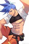  1boy abs absurdres bara black_male_underwear black_tank_top blue_eyes blue_hair clothes_lift galo_thymos highres large_pectorals looking_at_viewer magicxbai male_focus male_underwear male_underwear_peek muscular muscular_male navel nipples open_pants orange_pants pants pectorals promare shirt shirt_behind_neck shirt_lift short_hair smile solo spiked_hair tank_top teeth underpec underwear weibo_username white_shirt 