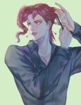  1boy alternate_costume combing dress_shirt earrings green_background grey_shirt haircomb jewelry jojo_no_kimyou_na_bouken kakyoin_noriaki kankito male_focus pink_hair purple_eyes red_hair shirt solo stardust_crusaders 