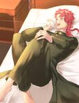  1boy ^_^ barefoot blush closed_eyes earrings gakuran jewelry jojo_no_kimyou_na_bouken kakyoin_noriaki kankito laughing long_coat long_hair lying male_focus on_back on_bed red_hair school_uniform shoes shoes_removed solo stardust_crusaders string_phone 