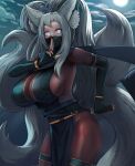  1girl absurdres animal_ear_fluff animal_ears asagiri_(coc2) big_hair black_gloves bodystocking breasts corruption_of_champions corruption_of_champions_2 cowboy_shot ehrrr elbow_gloves finger_to_mouth fingerless_gloves fox_ears fox_tail full_moon gloves grey_hair hand_up highres holding holding_sword holding_weapon huge_breasts katana looking_at_viewer mask moon mouth_mask multiple_tails night ninja ninja_mask outdoors pelvic_curtain ponytail purple_eyes shushing slit_pupils solo sword tail thigh_strap weapon 