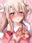  1girl bangs blonde_hair blush breasts dress fate/kaleid_liner_prisma_illya fate_(series) highres illyasviel_von_einzbern long_hair magical_girl mochi_(k620803n) open_mouth pink_dress pink_feathers prisma_illya red_eyes small_breasts solo torn_clothes two_side_up 