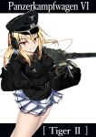  black_gloves black_headwear black_uniform blonde_hair cross female_soldier german_military germany gloves ground_vehicle hat highres iron_cross jiseki_rena kingtiger military military_hat military_uniform military_vehicle motor_vehicle original peaked_cap red_eyes schutzstaffel tank tiger_ii tiger_tank totenkopf uniform word_war_two 