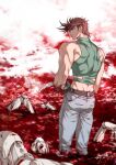  1boy alternate_universe android blood brown_hair cloud crop_top denim fingerless_gloves gloves green_eyes highres humanoid_robot jeans joseph_joestar joseph_joestar_(young) male_focus messy_hair midriff pants partially_submerged pool_of_blood robot sashiyu science_fiction severed_hand severed_limb sleeveless sleeveless_turtleneck solo spiked_hair turtleneck wire 